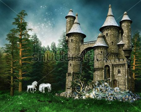 Каталог Фотообои единороги у замка в лесу:  | Wall-Style