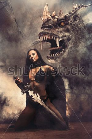 Каталог Фотообои девушка с мечем и дракон:  | Wall-Style