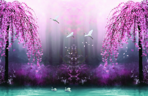 Каталог Картина лебеди и сакура: Современная фреска | Wall-Style