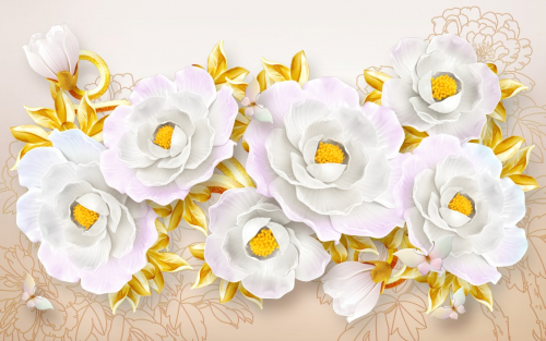 Каталог Картина цветы с золотыми листьями: 3Д | Wall-Style