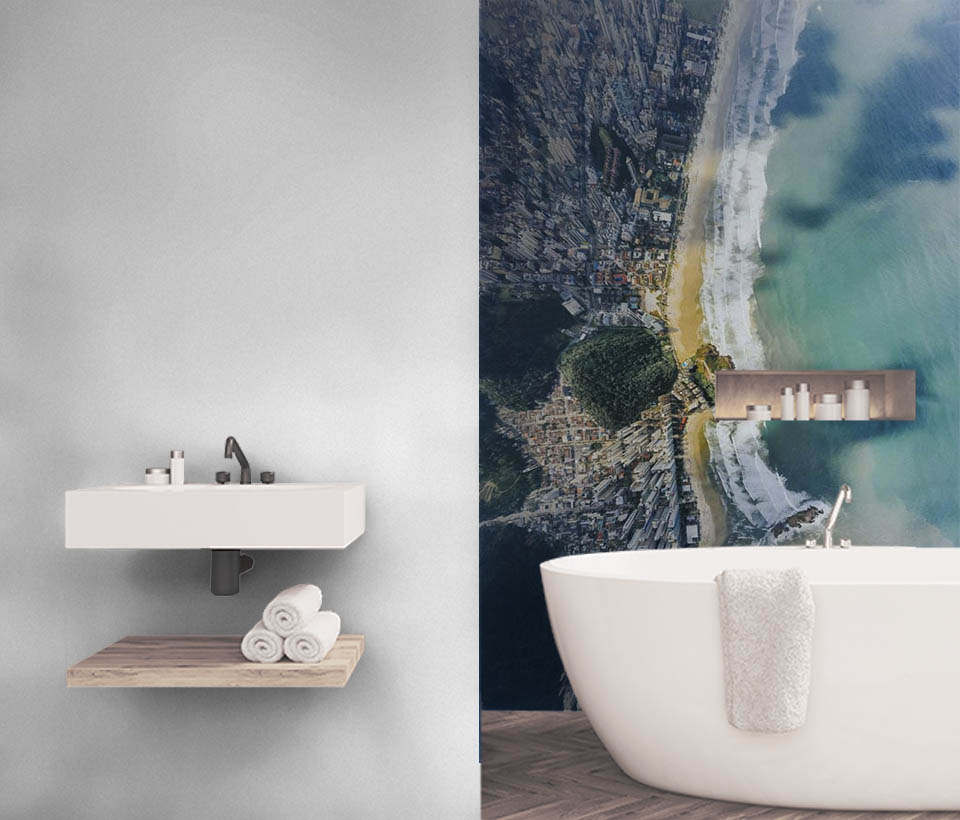 Фотообои с линией моря в ванной в нише